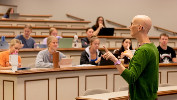 Professor Nichole Jackson lectures about heart disease in front of nursing students at Oklahoma State University.
