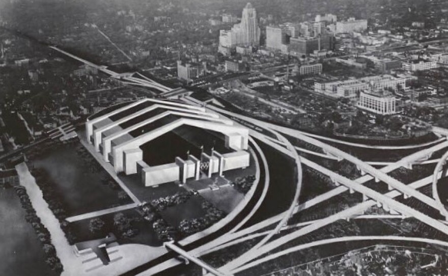 artist rendering of Olympic Stadium superimposed on downtown Detroit