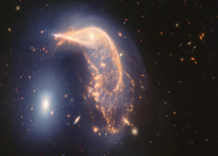 This new Webb image shows two galaxies: a Penguin (NGC 2936) guarding an Egg (NGC 2937).