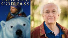 The cover of "The Golden Compass" and author Philip Pullman. (Courtesy of Penguin Random House and Sam Allard)
