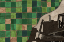 An illustration of a gray and black bulldozer. The equipment is coming into the frame from the right. The rest of the illustration is a drawn bird's eye field of farm fields. The bulldozer is pushing the quilt of farmland. 