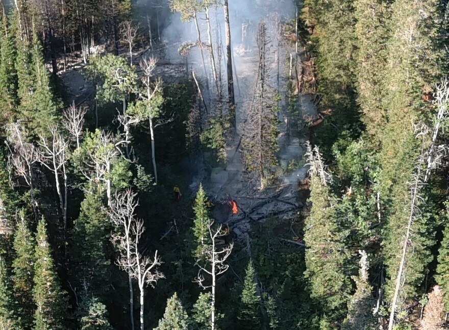 A drone captured this image of the 0.5-acre Thaynes Canyon Fire at 8:50 a.m. on Thursday, Aug. 27, 2026.