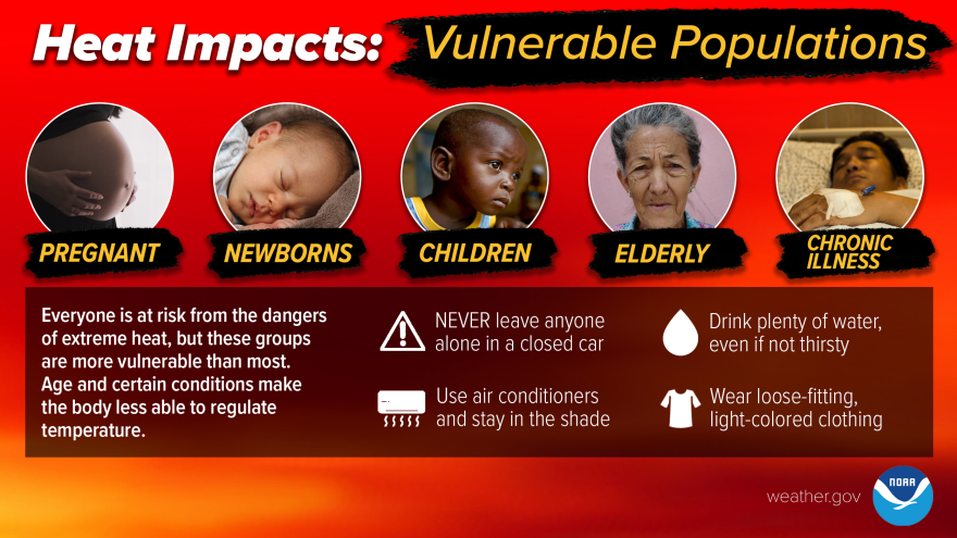 An infographic explaining the populations vulnerable to heat impacts: pregnant women, newborns, children, elderly, chronic illness.