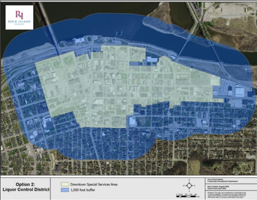 The expanded Downtown Liquor Control District consists of the Downtown Special Service Area, as established on December 12, 2022, together with all parcels located wholly or partially within 1,000 feet of the SSA’s outer boundary. The attached map depicts the proposed district.