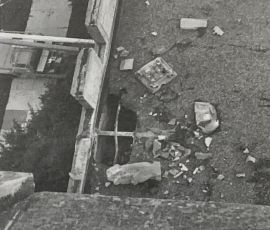 The shattered remnants of an Altgeld grotesque that was knocked from its perch following an intense summer storm on July 16, 1980.