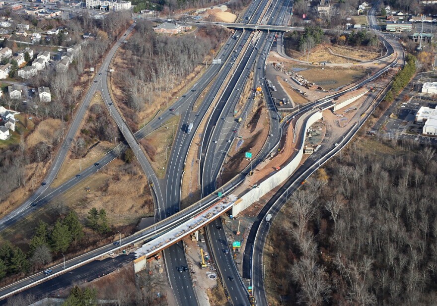 Facing north, Route 15 NB widening over I-91 south of East Main Street