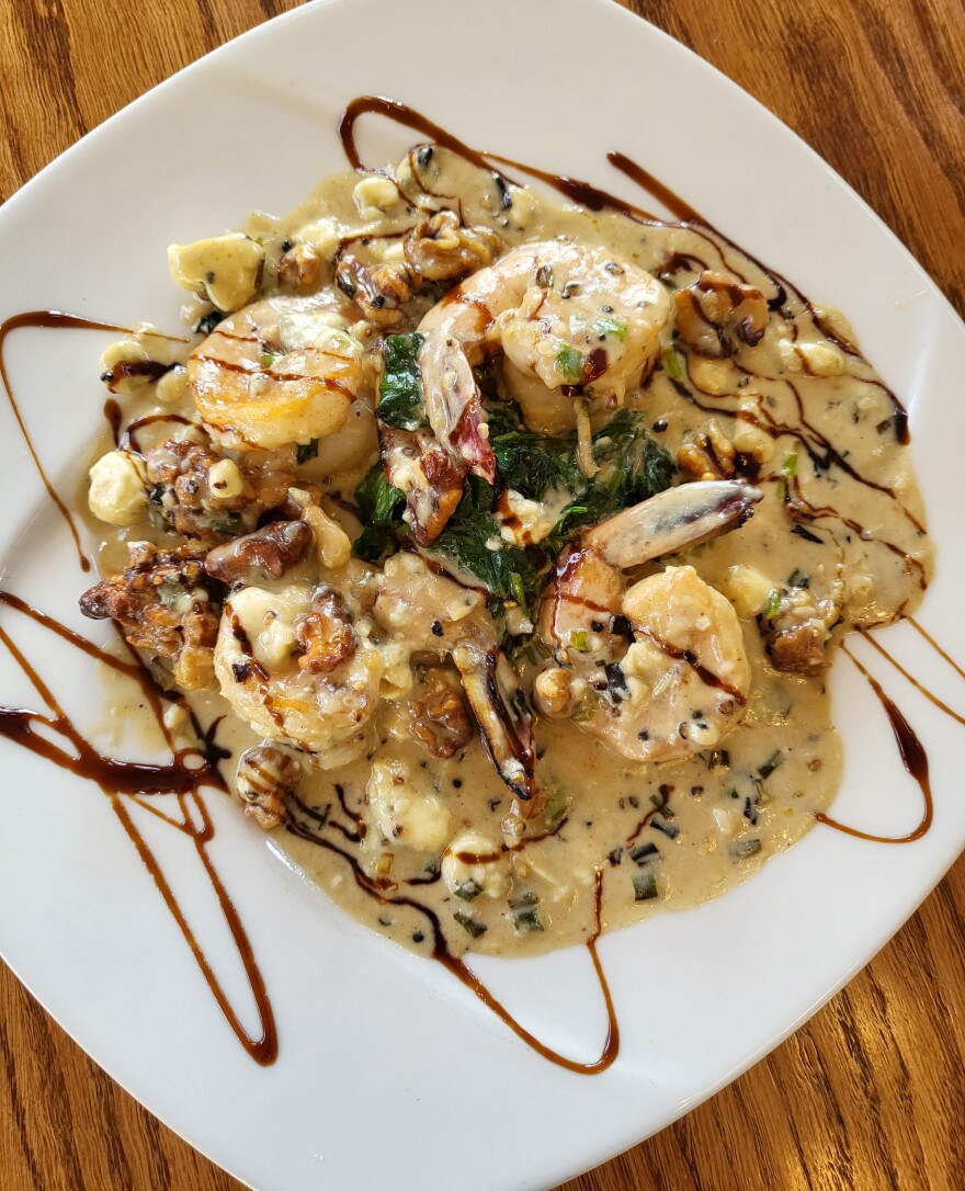 Sautéed shrimp with gorgonzola and cream on spinach is often run as a special and very popular with guests eating in the main dining room for dinner.