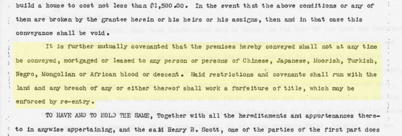 The first known deed containing a covenant in the Twin Cities, May 26, 1910. The passage containing the covenant is highlighted.