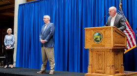 (Left to right) Health Commissioner Kris Box, Gov. Eric Holcomb and Department of Correction Commissioner Rob Carter provide updates on the state's response to the novel coronavirus. (Lauren Chapman/IPB News)