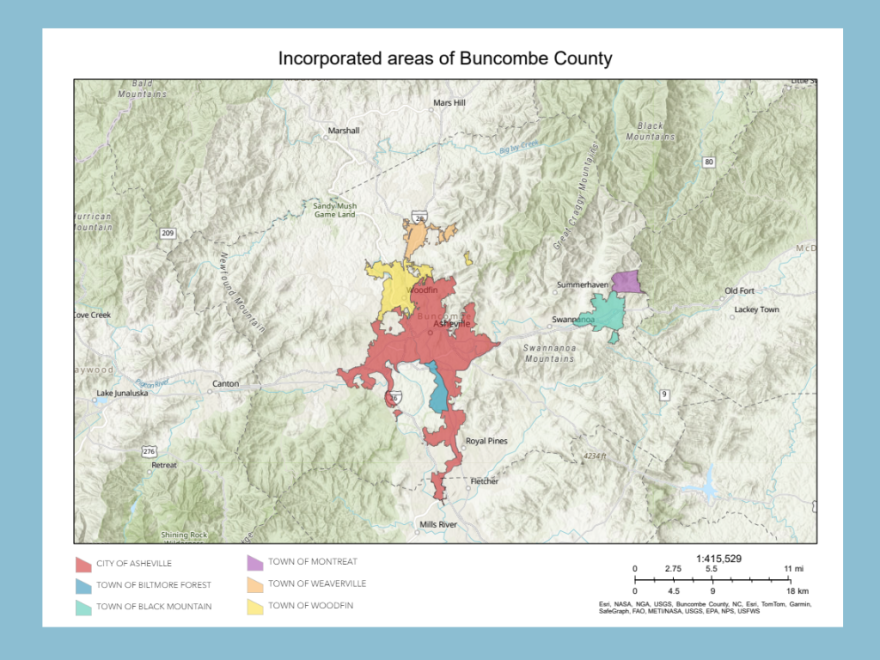 A map of incorporated areas of Buncombe County.