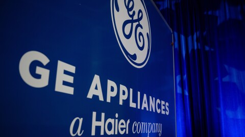 FILE - A trailer with the GE logo is seen at a stage area at GE Appliances global headquarters, Aug 13, 2025, in Louisville, Ky.