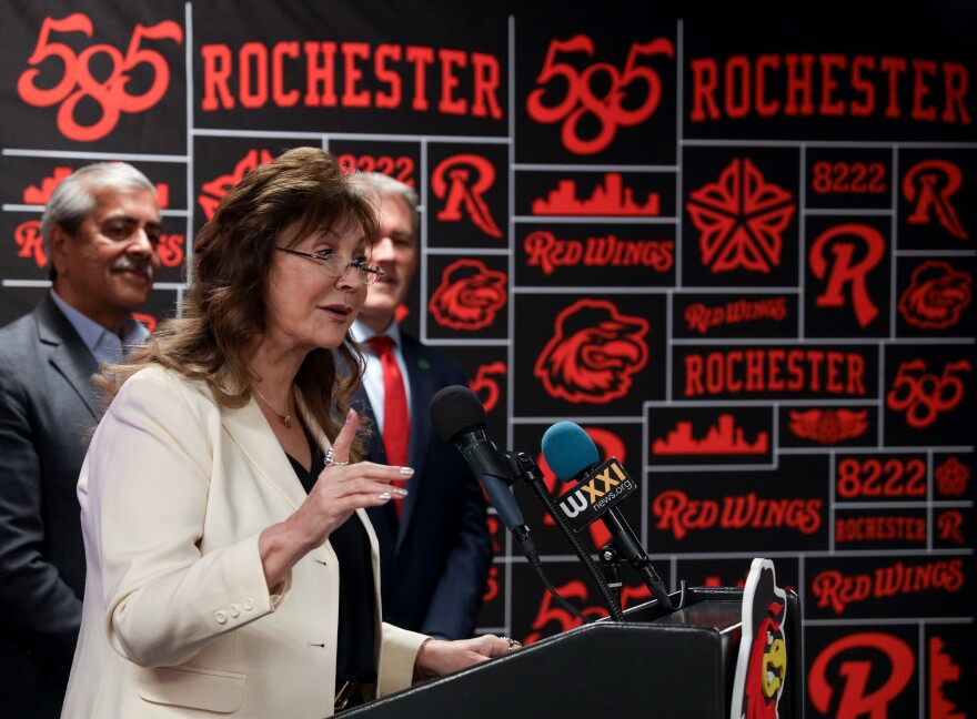 Naomi Silver, president of the Rochester Red Wings, announces the new name of the team’s baseball stadium, ESL Ballpark, during a news conference. The naming rights agreement is pending approval by the Monroe County Legislature and is set for an initial 10-year term with options to extend up to 30 years.
