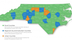 This shows the breakdown of rural, urban, and regional city and suburban counties in North Carolina. Image courtesy of NC Rural Center.