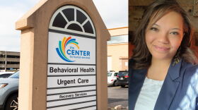 Two photos, side by side. On the left, a photo of the sign for The Center for Human Services Behavioral Health Urgent Care. On the right, a photo of a woman.