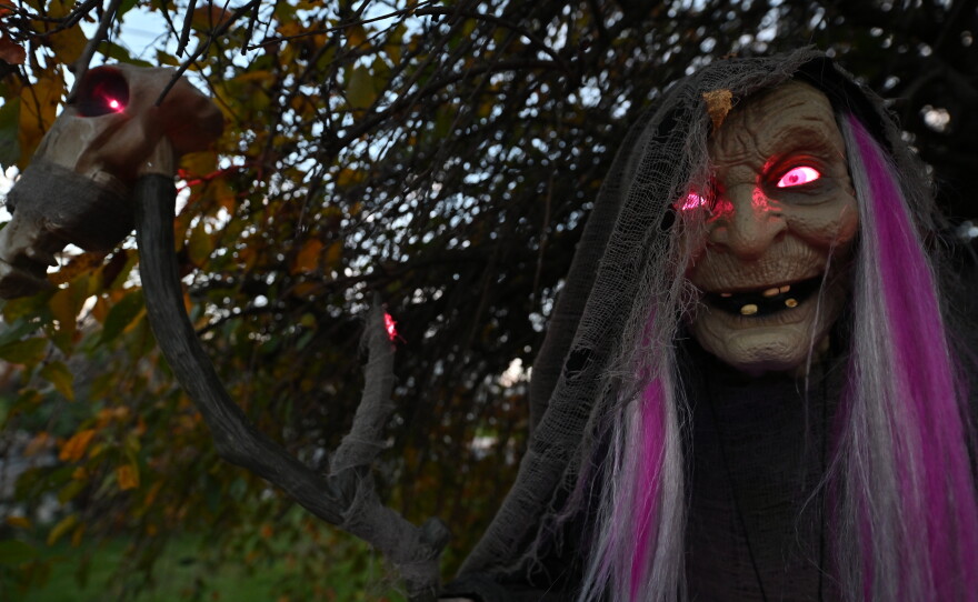 A witch animatronic, which Will Kapmeyer bought at the grand opening of the Spirit Halloween flagship store in New Jersey, can respond to certain words and phrases.