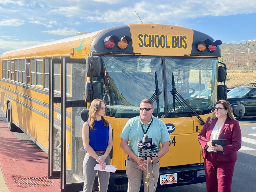 (left to right) EPA Region 8 Chief of Staff Kelly Watkins, Park City School District COO Mike Tanner and Utah DEQ Executive Director Kim Shelley at a press conference at Jeremy Ranch Elementary Tuesday.