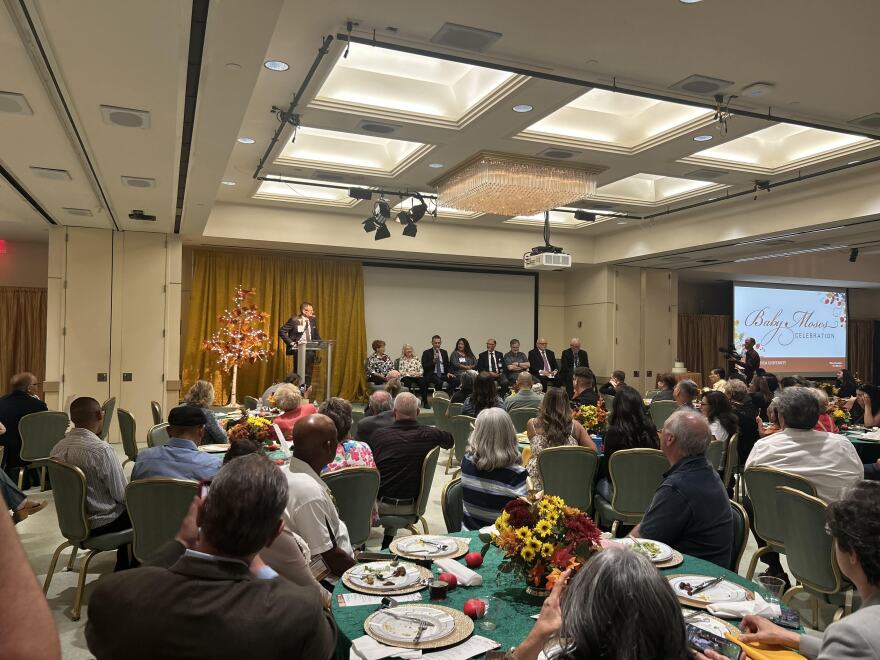 A panel with the team that worked on Eddie Anguiano's "Baby Moses" heart transplant. From Left to Right: Anthony Hilliard, Joyce Johnston Rusch (Pediatric Heart Transplant Coordinator), Dr.Sandra Nehlsen-Cannarella (Immunologist), Dr. Robert Martin (Anesthesiologist), Maria Aguirre (Mother of Eddie Anguiano), Dr.Drew Cutler (Pediatric Nephrologist), Dr.Douglas Deming (Neona) and Dr.Richard Chinnock (Chief Medical Officer, Children's Hospital).