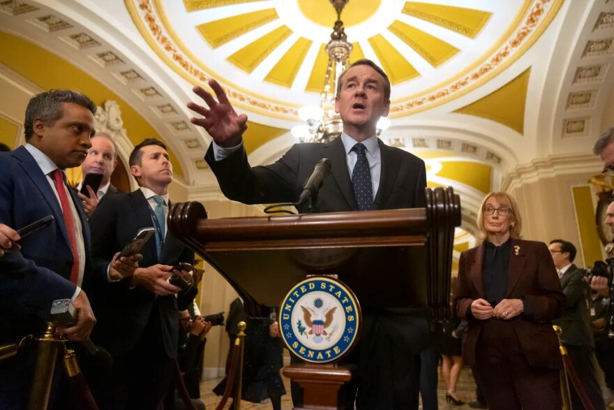 Sen. Michael Bennet, D-Colo., speaks after policy luncheons on Capitol Hill, Feb. 27, 2024, in Washington.