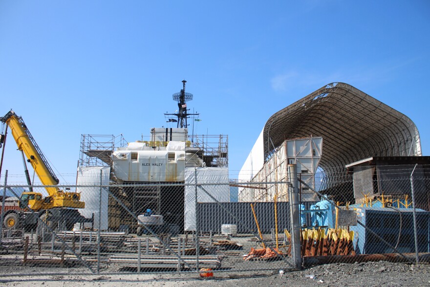 The sun shines on the JAG Alaska shipyard on Monday, Aug. 10, 2026 in Seward, Alaska.