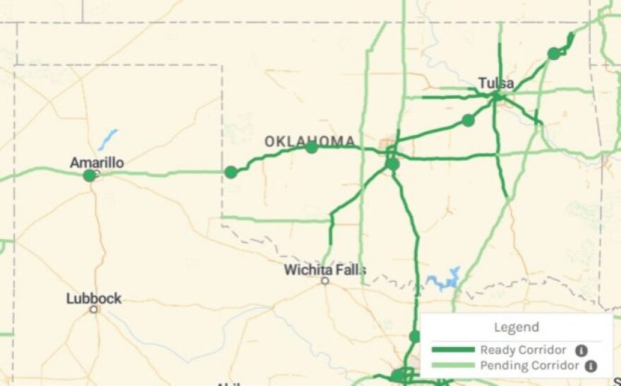 A map showing the current Alternative Fuel Corridors in Oklahoma.