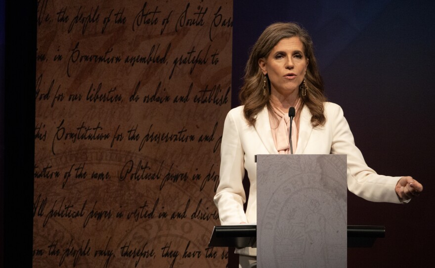 U.S. Rep. Nancy Mace, who represents the state's 1st congressional district, speaks at Monday night's SCETV-hosted debate.