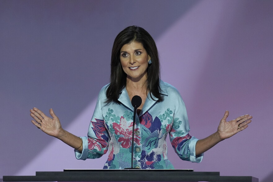 Former United Nations Ambassador Nikki Haley addresses the Republican National Convention on Tuesday in Milwaukee.