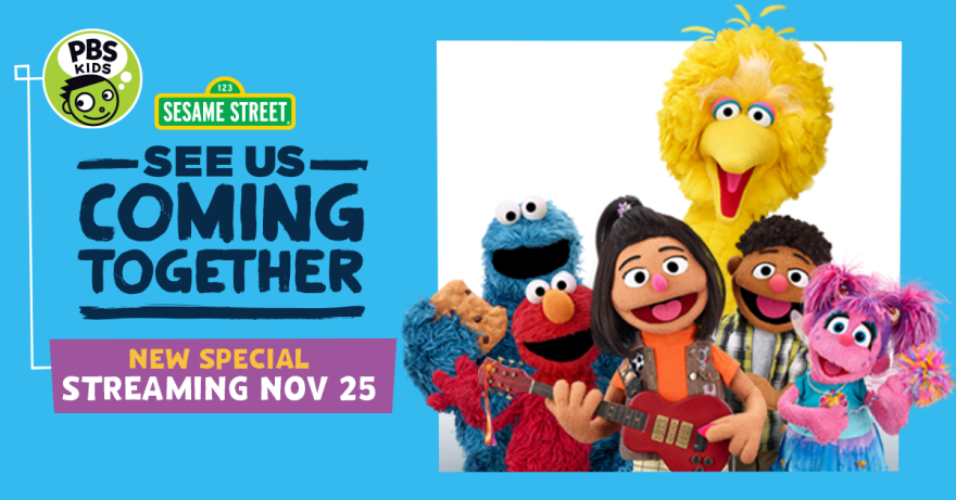 The Sesame Street cast alongside the text: "See us coming together. New special streaming Nov 25."