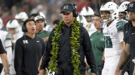 FILE - Hawaiʻi head coach Timmy Chang in the first half during an NCAA football game against Arizona on Saturday, Aug. 30, 2025, in Tucson, Ariz.