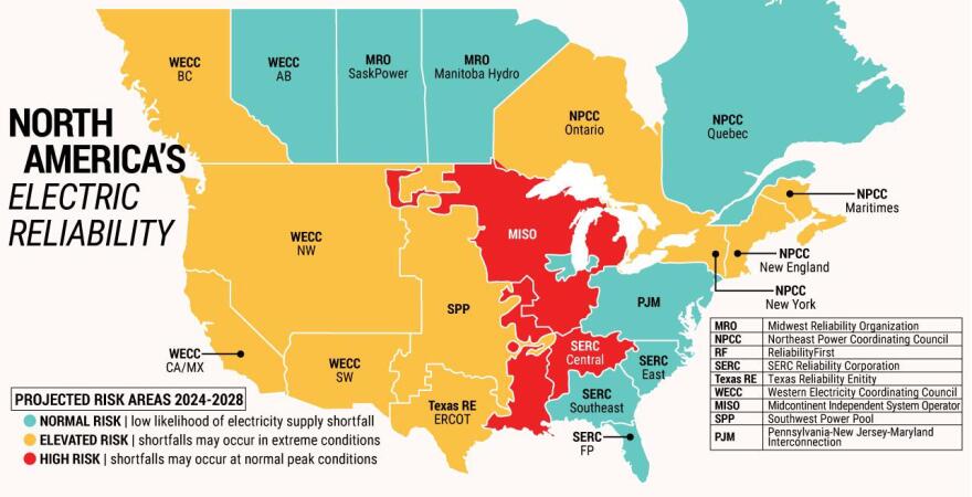 The graphic you see above is a 2024 Long-Term Reliability Assessment (LTRA) from the North American Electric Reliability Corporation (NERC).