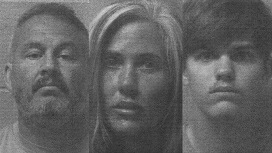 Composite image shows three mugshots side by side, with a woman in the center.