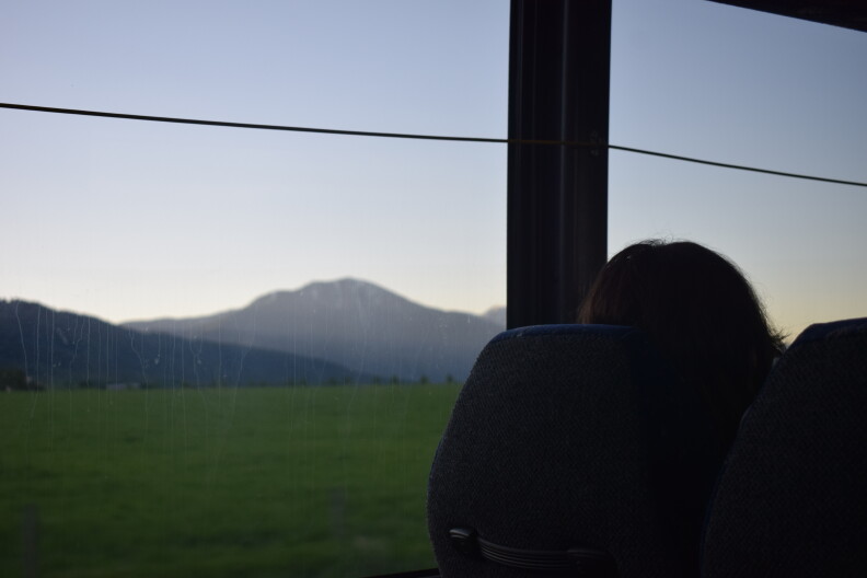 A backlit peson looks out a bus window at the passing landscape.