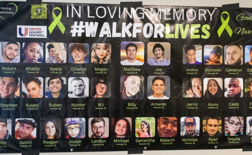 Banner of people who lost their lives to Fentanyl overdoses in the Abilene area. Photo by Alexander Brown.
