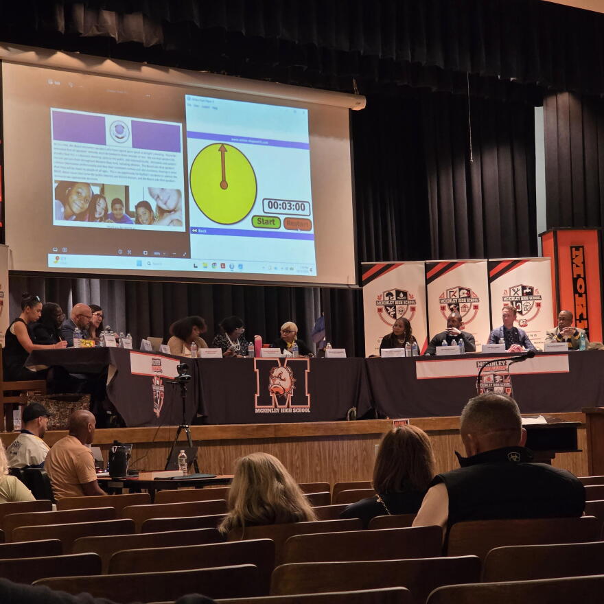 Buffalo Board of Education members and Interim Superintendent Ebony Prophet-Bullock meet at McKinley High School on Wednesday, Oct. 21, 2026, to discuss proposed school closures and consolidations.