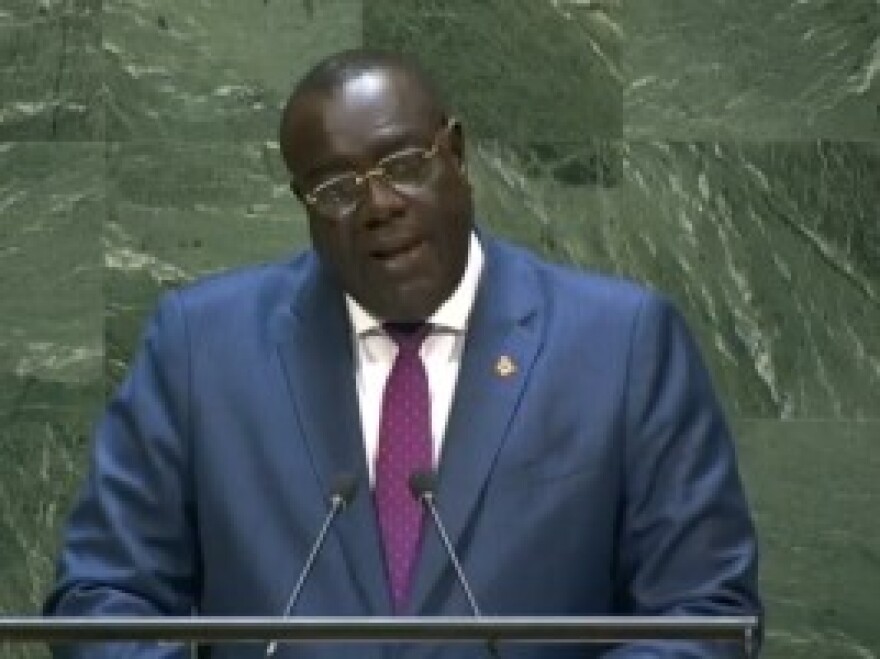 Haiti's Ambassador to the U.S., Bocchit Edmond, speaking to the U.N. as Haiti's foreign minister in 2019.