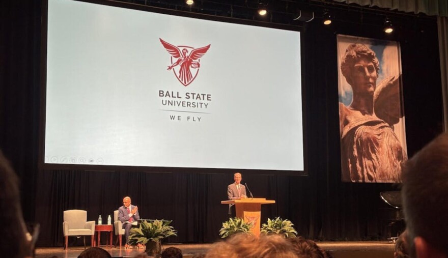 Ball State University President Geoffrey Mearns speaks at Fall Convocation Aug. 15 in Emens Auditorium.