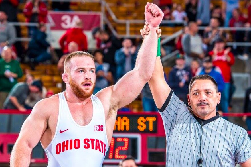 Ohio State wrestler Kyle Snyder is declared the winner of his match at St. John Arena on November 12, 2017.