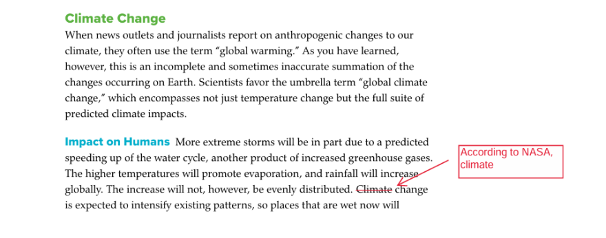 Screen shot of a red textbox showing adding an attribution to a climate change face saying, "According to NASA."