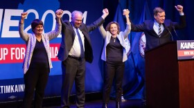 Anne Holton, Tim Kaine, Lisa Collis and Mark Warner cheer during an election night watch party at the Hippodrome Theater on Tuesday, November 5, 2024 in Richmond, Virginia.