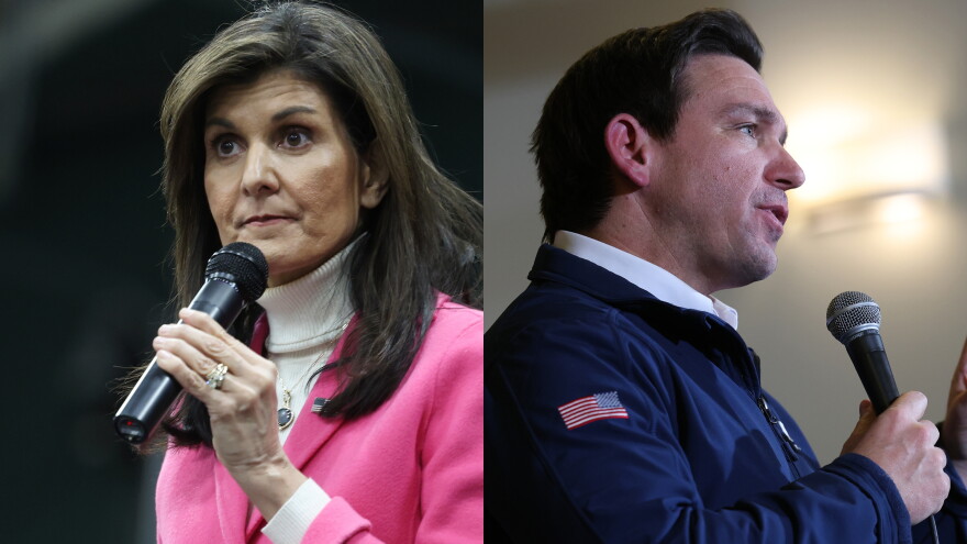 Left: Nikki Haley visits a caucus site at the Horizon Event Center on January 15, 2024 in Clive, Iowa. Right: Ron DeSantis speaks during a campaign event the District Venue on January 14, 2024 in Ankeny, Iowa.
