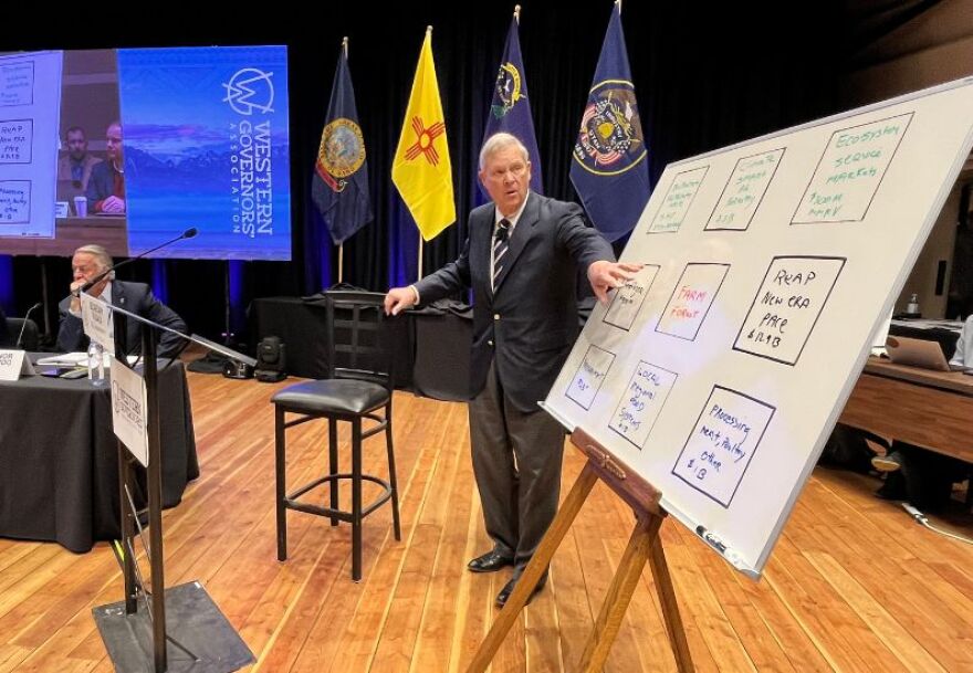 Agriculture Secretary Tom Vilsack addresses onlookers at the Western Governors’ Association winter meeting in Jackson Hole, Wyo.