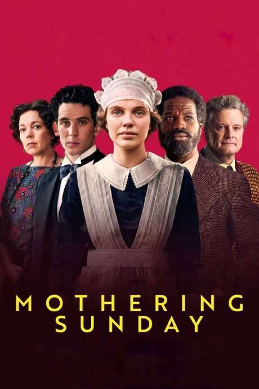 A movie poster for "Mothering Sunday." Actress Odessa Young is dressed as a maid as she stands in front and center with four other castmates against a solid, red background. Josh O'Connor and Olivia Colman stand behind Young's right shoulder. Sope Dirisu and Colin Firth stand behind her left.