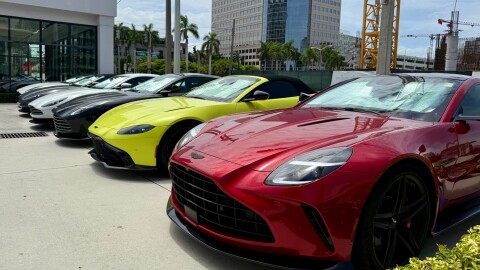 Aston Martins at Myers Auto Group’s car dealership at South Dixie Highway and Okeechobee Boulevard, a site that could be redeveloped into a high-rise.