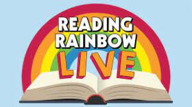 Billboard for Reading Rainbow Live shows multiple colors spread above an open book. 