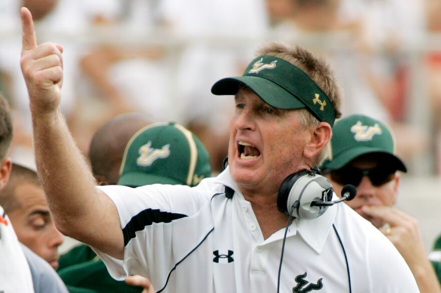 This Sept. 26, 2009, photo shows South Florida head coach Jim Leavitt during an NCAA college football game between the Florida State Semiloles and University of South Florida in Tallahassee.