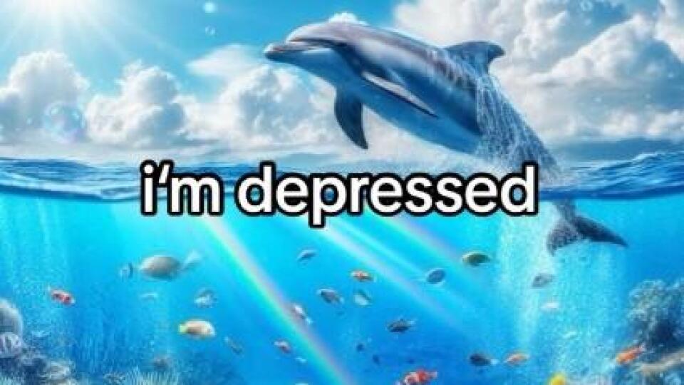 A dolphin jumps out of blue water with tropical fish beneath it, a bright sun above it, and the caption "i'm depressed" over it.