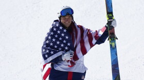 Silver medal winner United State's Nick Goepper celebrates during the venue award ceremony for the men's slopestyle finals at the 2022 Winter Olympics, Wednesday, Feb. 16, 2022, in Zhangjiakou, China.