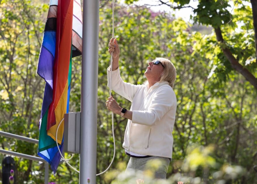 A Pride flag raising ceremony at City Park in 2023.