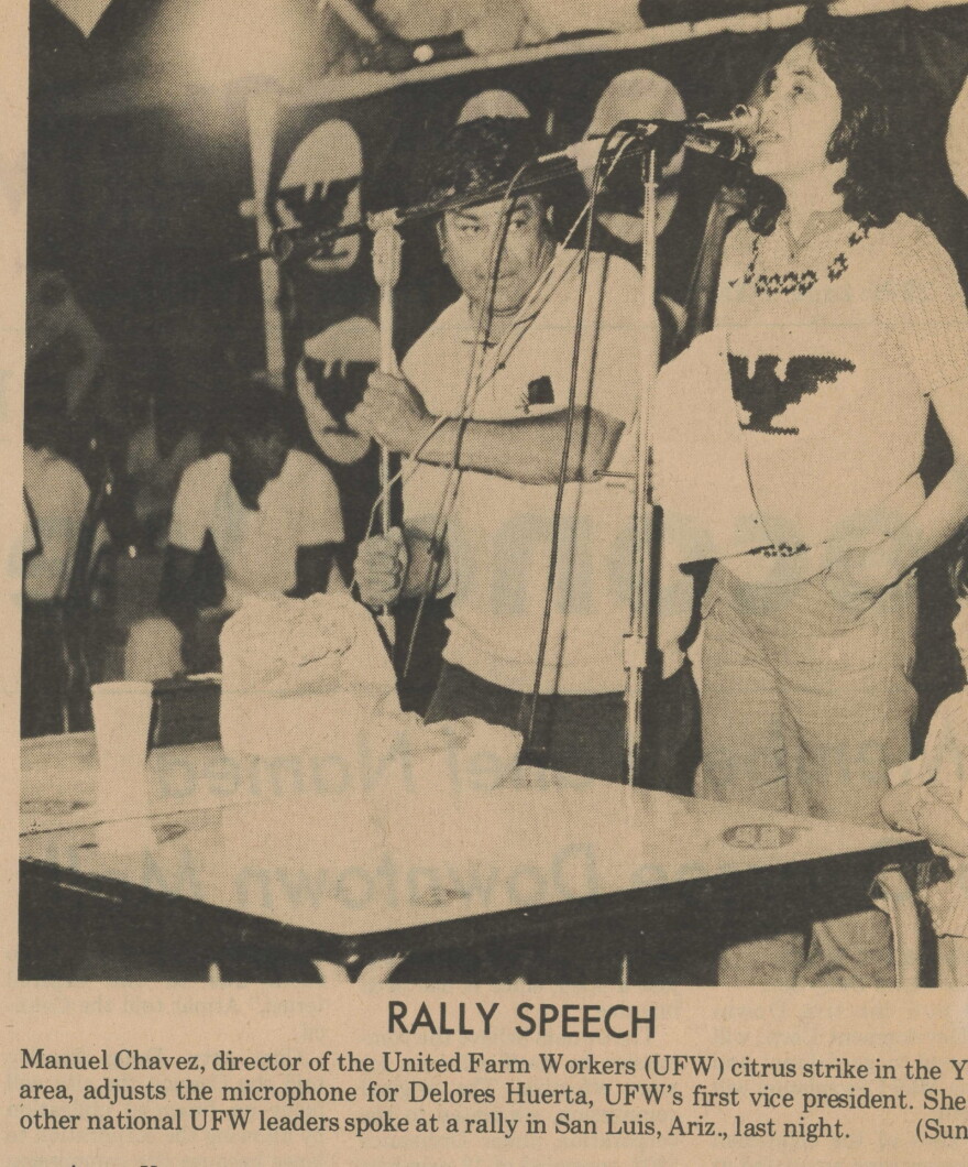 Dolores Huerta speaks at a rally in San Luis, Ariz. on Oct. 16, 1974 as seen in this photo from the Yuma Sun.