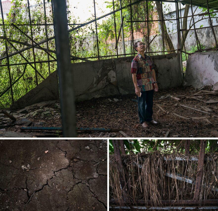 (Top) Alex Paulus, a leader of the Christian community in Bogor, stands in the shell of the church. (Bottom) Inside, the floor is cracked and the walls are overgrown with weeds.