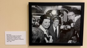 A black-and-white photo of former San Francisco Mayor Dianne Feinstein and singer Tony Bennett wearing Muni berets. 